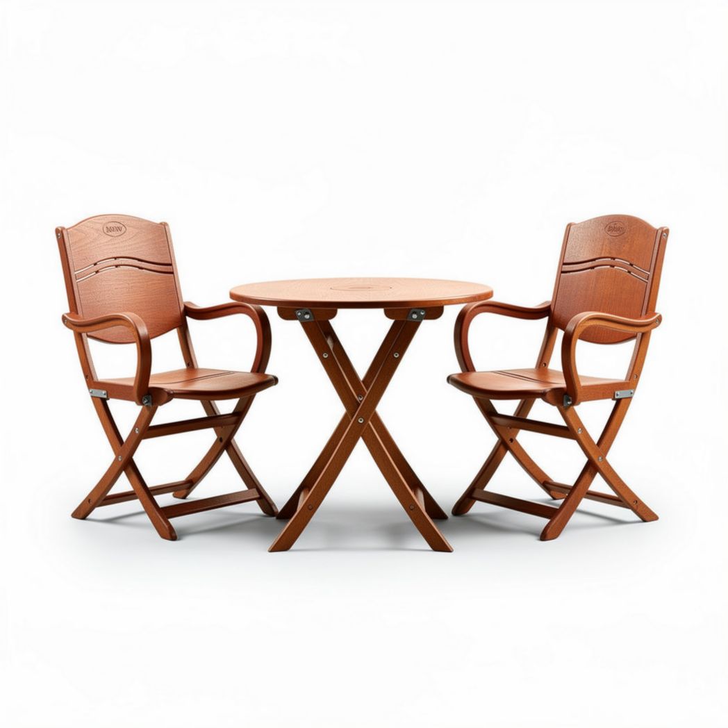 Ensemble de meubles de jardin en bois marron avec table ronde et chaises pliantes 90 x 90 x 75cm