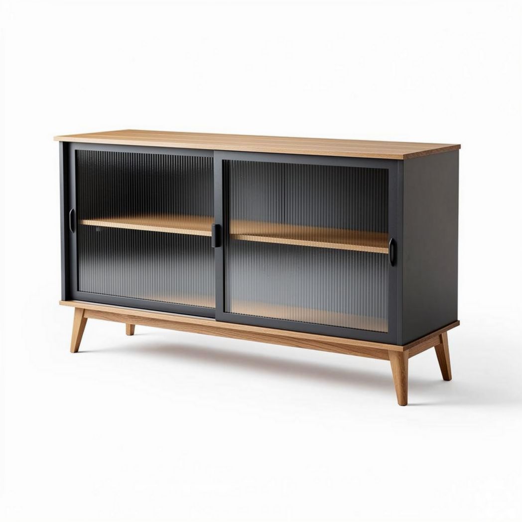 Meuble de rangement en bois noir et chêne clair 120 x 40 x 75cm avec portes vitrees.