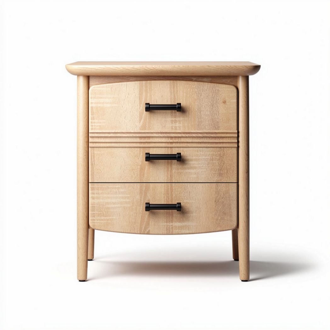 Table de chevet en bois clair avec trois tiroirs et poignées noires 40 x 30 x 60cm